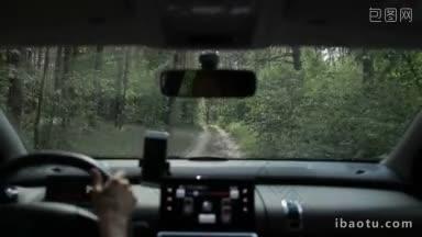 在阳光下从车里的视野中，一名妇女<strong>驾驶</strong>着汽车越野穿过森林